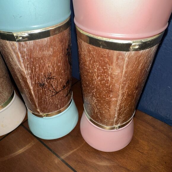 Vintage MCM Siesta Ware Tiki Bar Glasses Mahogany Wood Wrapped Set Of 4 - Picture 8 of 11